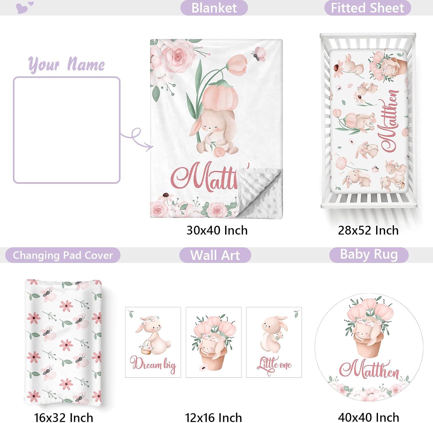 Custom Baby Crib Bedding Set, 5 PCS Personalized Name Baby Crib Sets for Girls Boys, Cute Rabbit Theme Nursery Bedding Sets for Infant Toddler, Double Layer Flannel Bed Set Customized Gifts