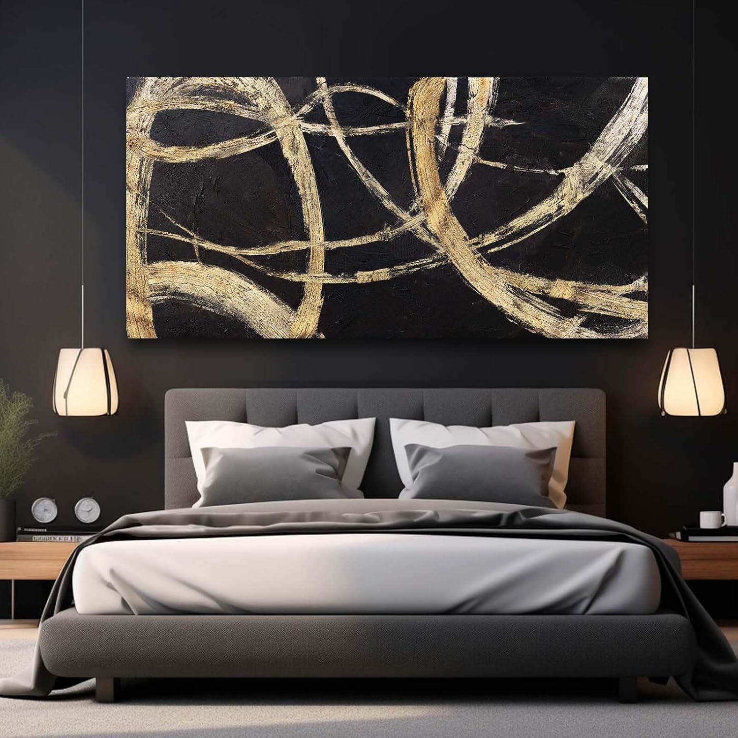 VAYIMDH Black And Gold Pictures for Living Room Black Wall Decor Minimalist Wall Decorations Abstract Wall Paintings 29'x 58' for Office