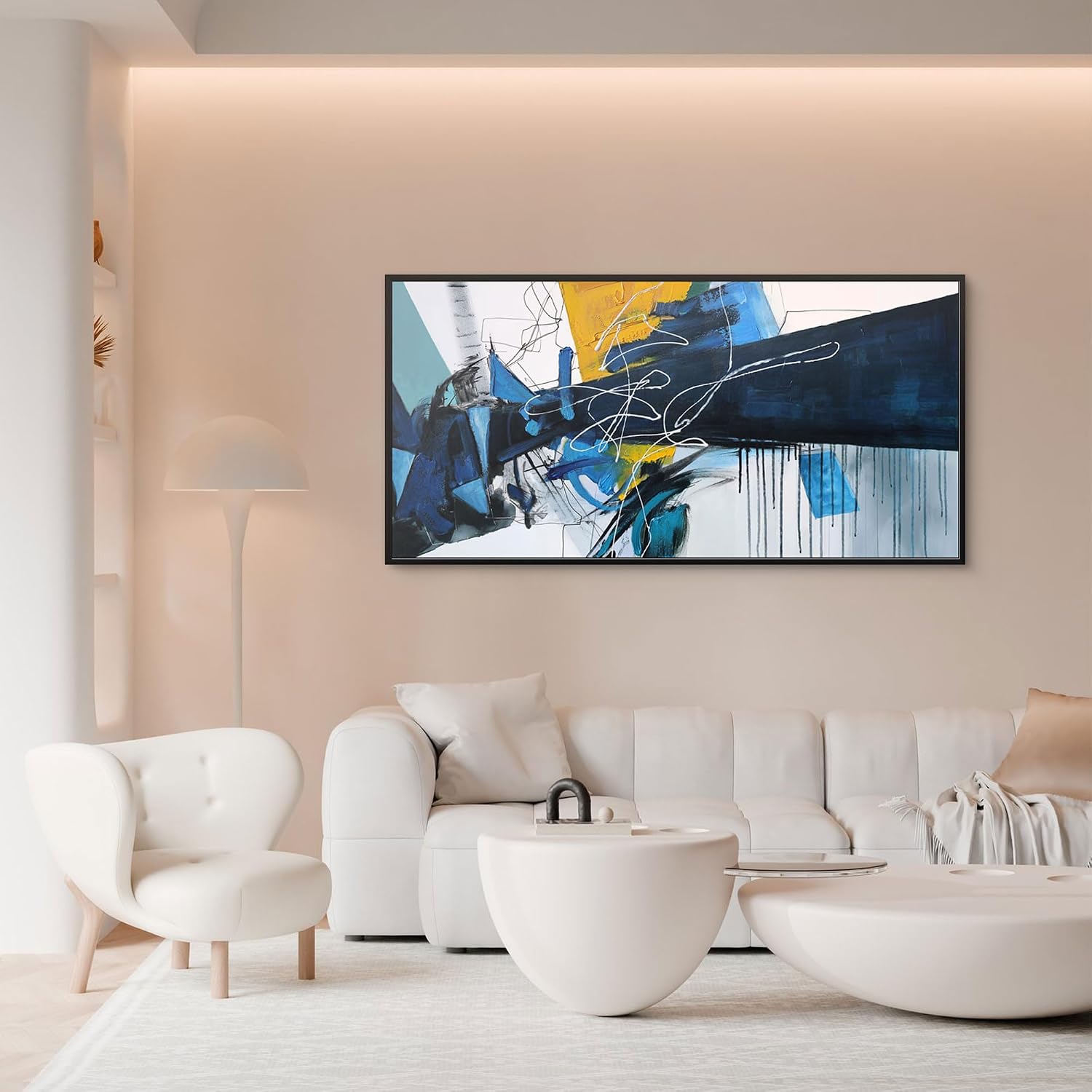 KLAKLA Wall Art for Living Room - Blue Abstract Canvas Pictures Framed Artwork for walls Extra Large Prints for Bedroom Above the Bed Decor 24x48 Inches