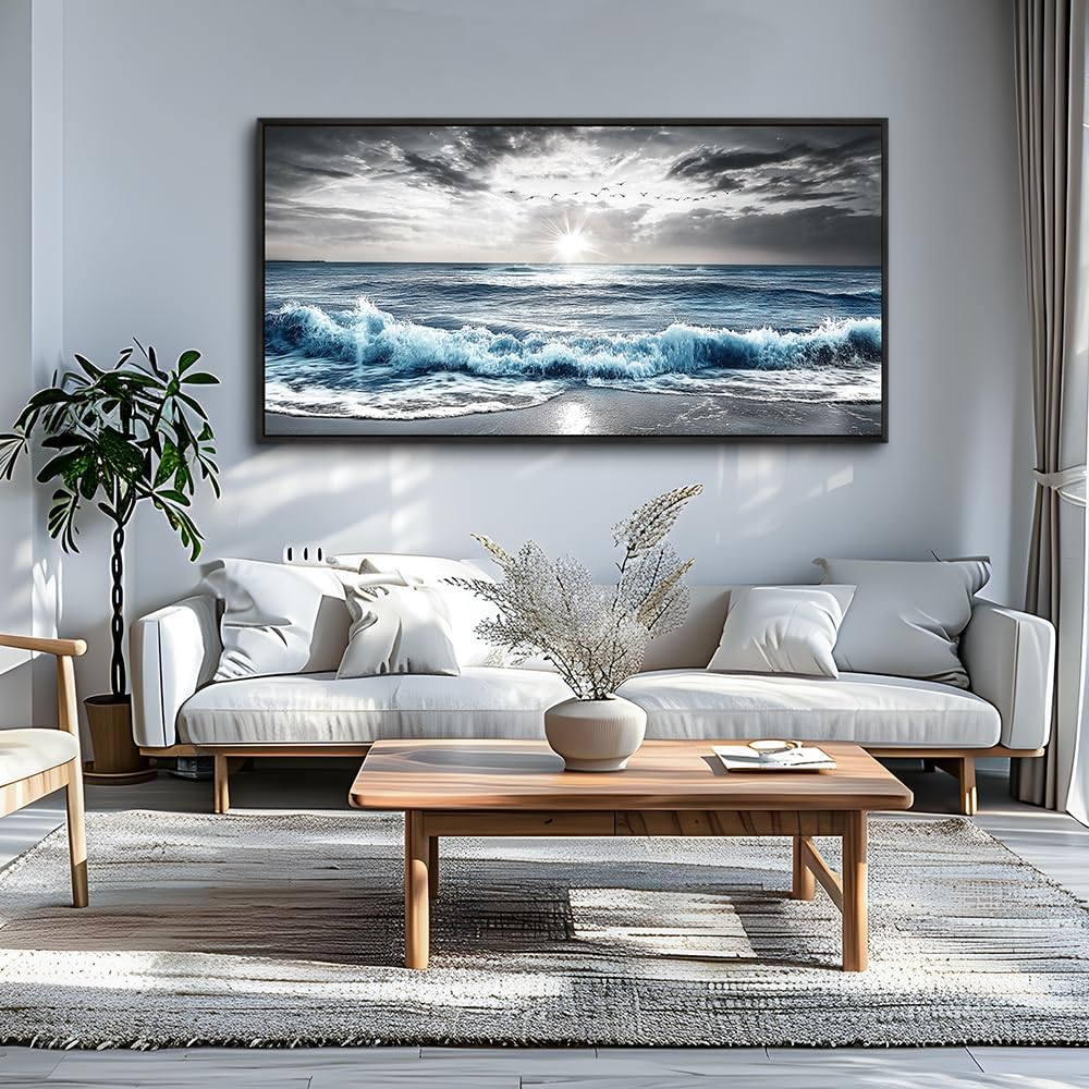 KELIYUAN Large Canvas Wall Decor For Living Room Wall Art For Bedroom Office Wall Decorations Black Frame Beach Wave Scenery Pictures Artwork For Modern Stretched and Framed Beach Posters 24'X48'