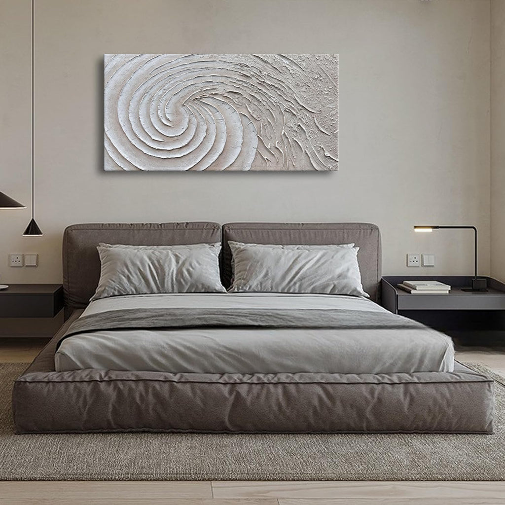 Slyart Thick Texture White Wall Art, Hand Painted 3D Ocean Wave Circle Oil Painting, 24'x48' Large White Canvas Abstract Wall Art