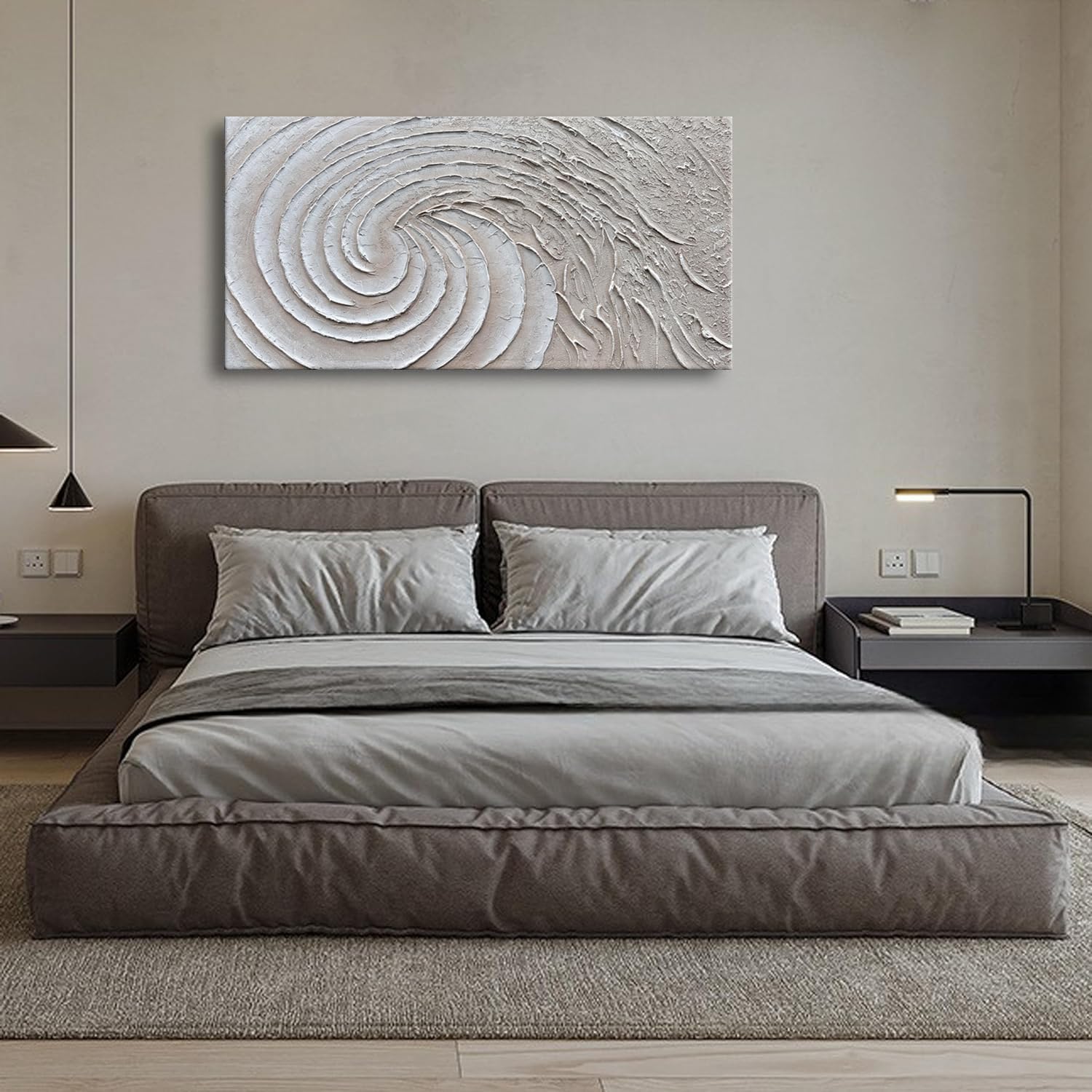 Slyart Thick Texture White Wall Art, Hand Painted 3D Ocean Wave Circle Oil Painting, 24'x48' Large White Canvas Abstract Wall Art