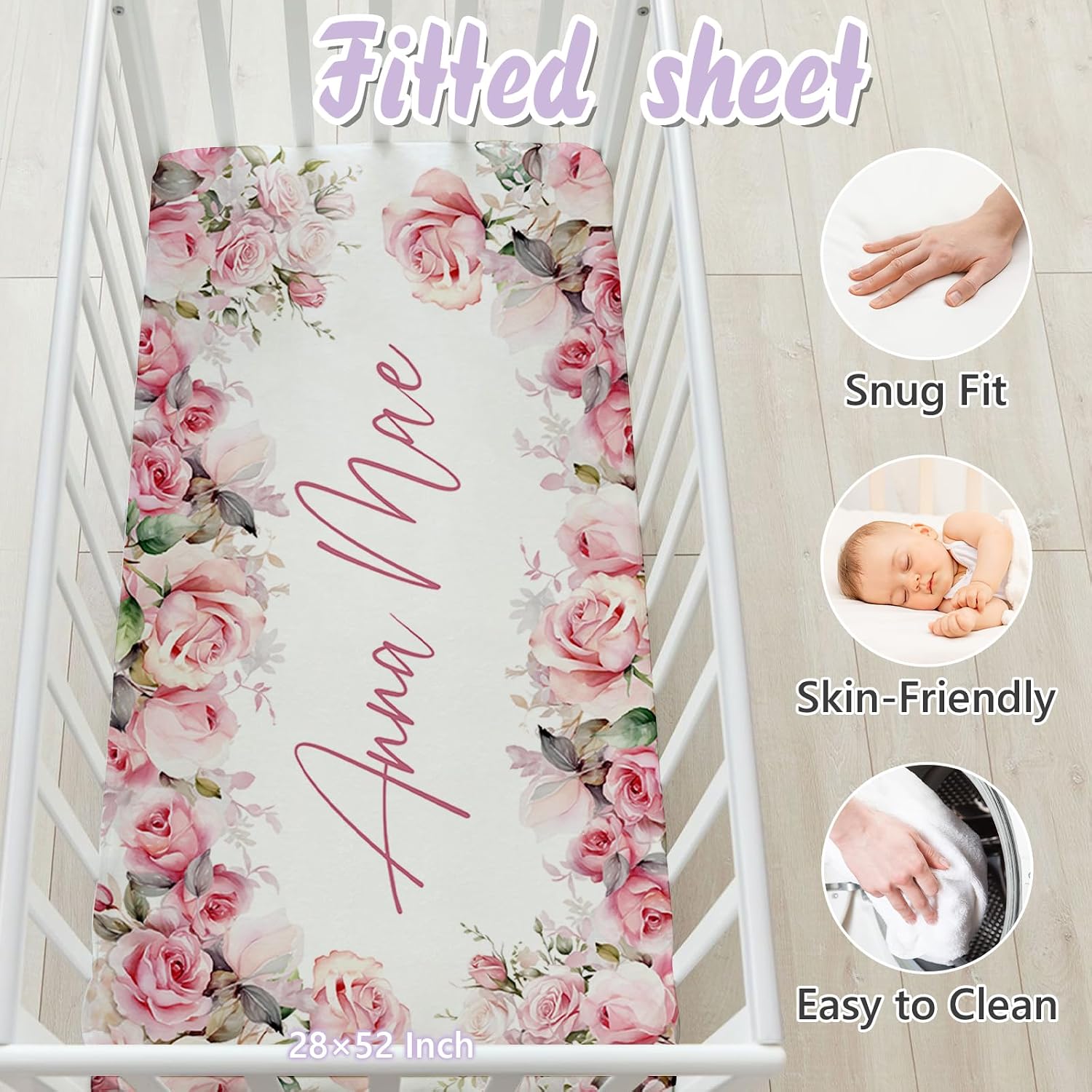 Custom Baby Crib Bedding Set, 5 PCS Personalized Name Baby Crib Sets for Girls Boys, Pink Flower Theme Nursery Bedding Sets for Infant Toddler, Double Layer Flannel Bed Set Customized Gifts