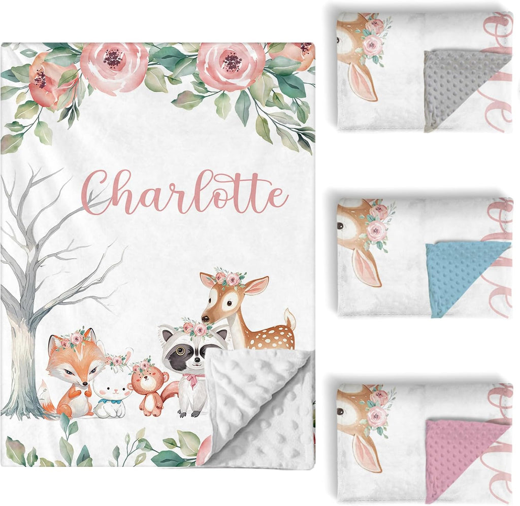 Personalized Baby Crib Bedding Set, 5 Pcs Custom Name Nursery Bedding Set for Girls Boys, Pink Forest Animals Baby Crib Set for Toddlers Infants, Double Layer Bedding Crib Sets Customized Gifts