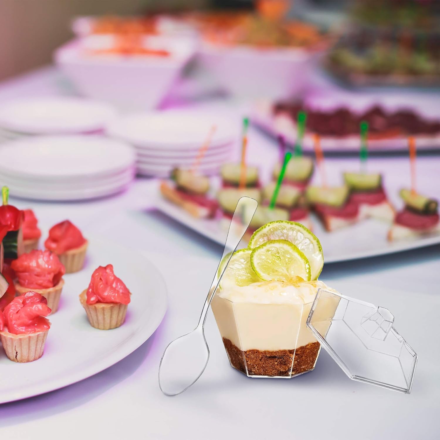 Hexagonal Mini Bowl-Lids & Spoons Included- 3.3 ounce -320 Count -Clear Plastic - Six Sided Bowl - Flower Cup-Mini Dessert Cup- Serving Bowl -Snack Bowl-Disposable or Reusable CASE OF 320