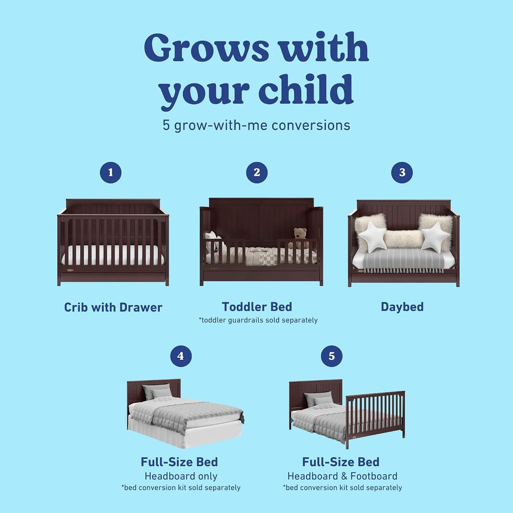 Graco Hadley 5-in-1 Convertible Crib with Drawer – GREENGUARD Gold Certified, Fits Standard Crib Mattress, Converts to Toddler Bed, Daybed and Full Bed, 4 Adjustable Mattress Heights (Espresso)