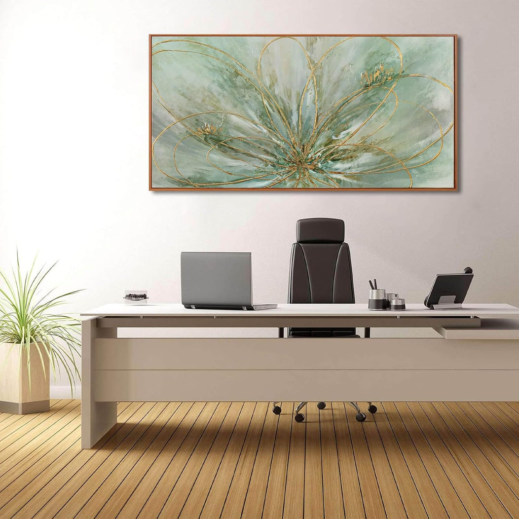 YJYart Green Abstract Canvas Artwork Flowers Wall Decor for Office Line Art Painting 24'x 48' Pictures for Bedroom Dining Room Neutral Wall Art