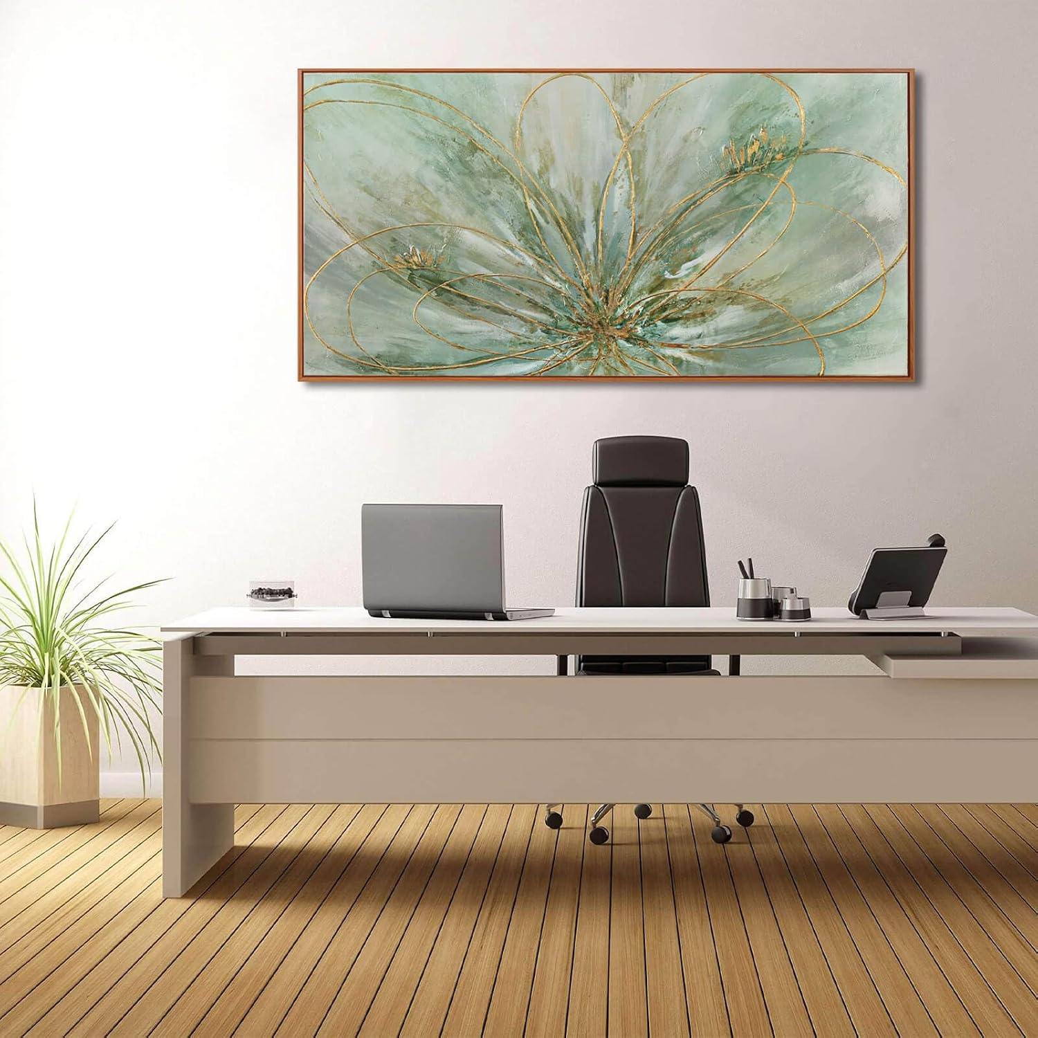 YJYart Green Abstract Canvas Artwork Flowers Wall Decor for Office Line Art Painting 24'x 48' Pictures for Bedroom Dining Room Neutral Wall Art