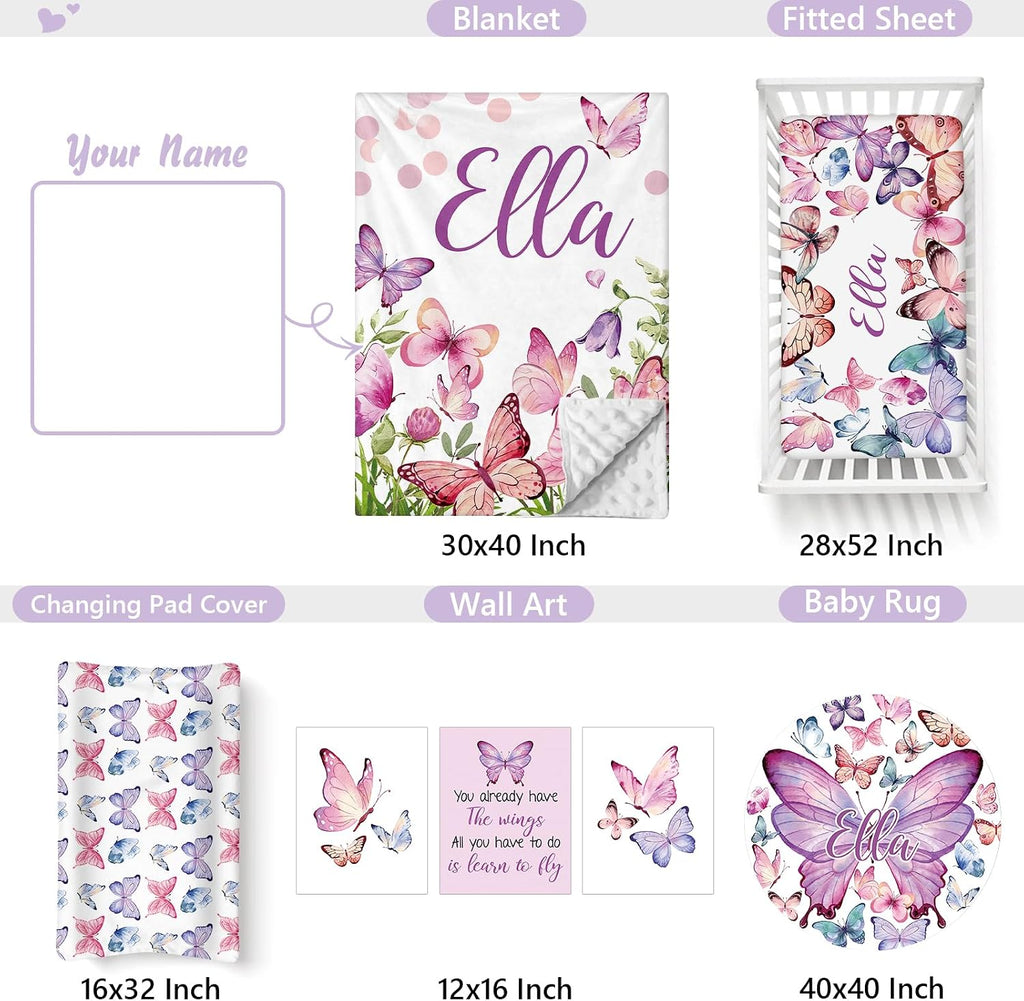 Custom Baby Crib Bedding Set, 5 PCS Personalized Name Baby Crib Sets for Girls Boys, Butterfly Theme Nursery Bedding Sets for Infant Toddler, Double Layer Flannel Bed Set Customized Gifts