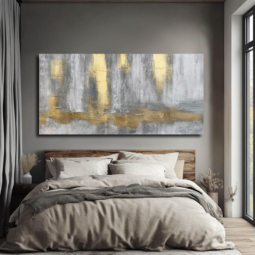 XIANSHOU Gold Wall Decor Hand Drawn Paintings Abstract Canvas Wall Art Large Pictures Grey Poster Arts 29'x58'