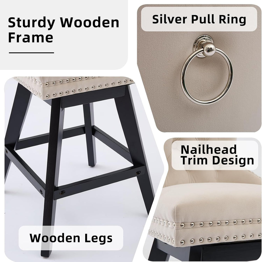 Velvet Bar Stools Set of 2, Modern Swivel Counter Height Stools, Upholstered Kitchen Island Chairs with Button Tufted Back, Rivet Trim, Solid Wood Legs, 26' H Seat, Beige