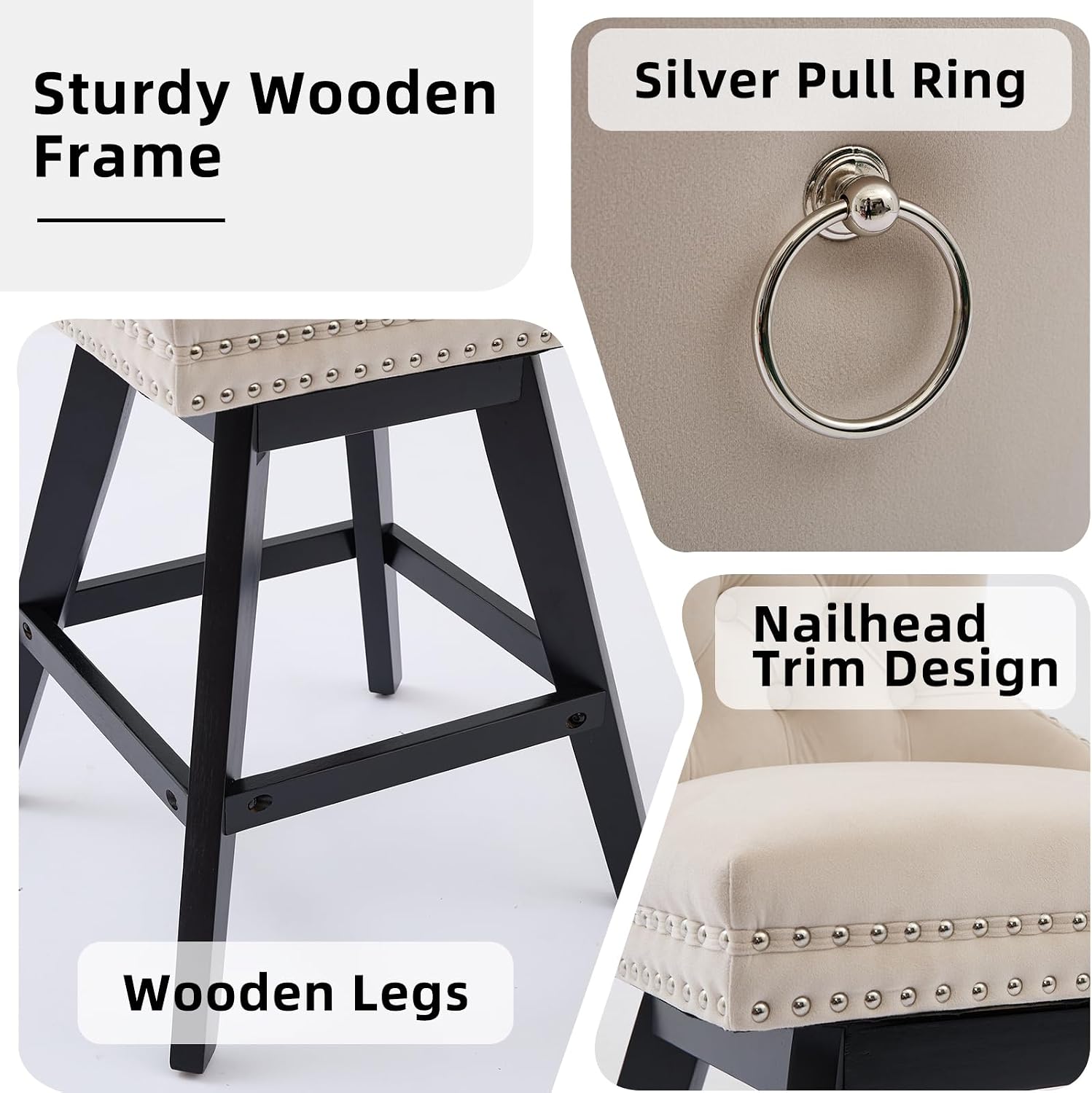 Velvet Bar Stools Set of 2, Modern Swivel Counter Height Stools, Upholstered Kitchen Island Chairs with Button Tufted Back, Rivet Trim, Solid Wood Legs, 26' H Seat, Beige