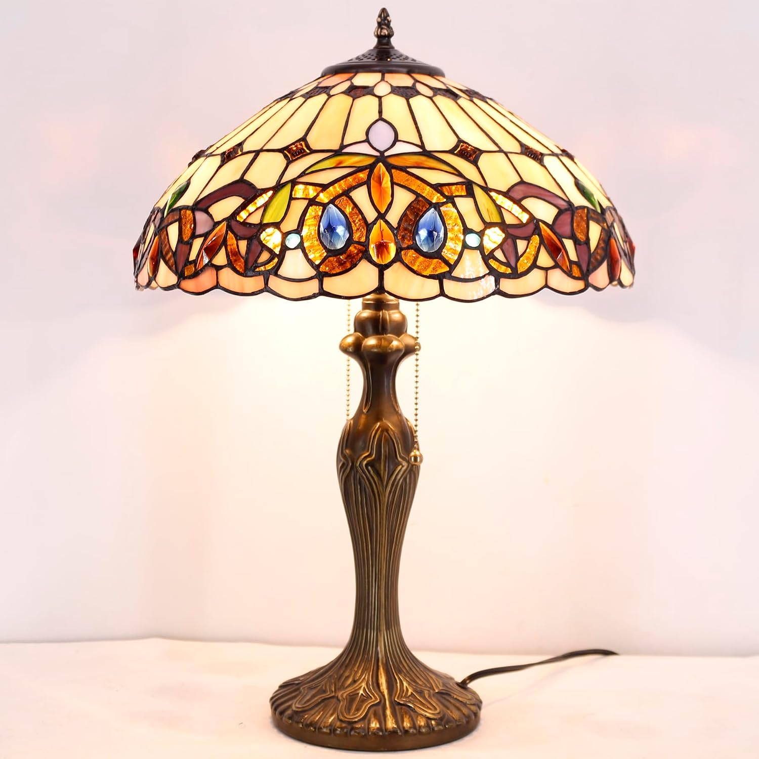 WERFACTORY Tiffany Style Table Lamp Colorful Stained Glass Serenity Victorian Bedside Lamp16X16X24 Inches Desk Light Metal Base Decor Bedroom Living Room Home Office S021 Series