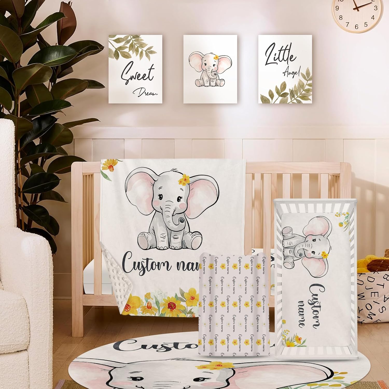 TOOTANN Custom Baby Crib Bedding Set, 5 Pcs Personalized Name Baby Crib Sheets for Kid Toddler Infant, Sunflowers and Little Elephant Nursery Bedding Set