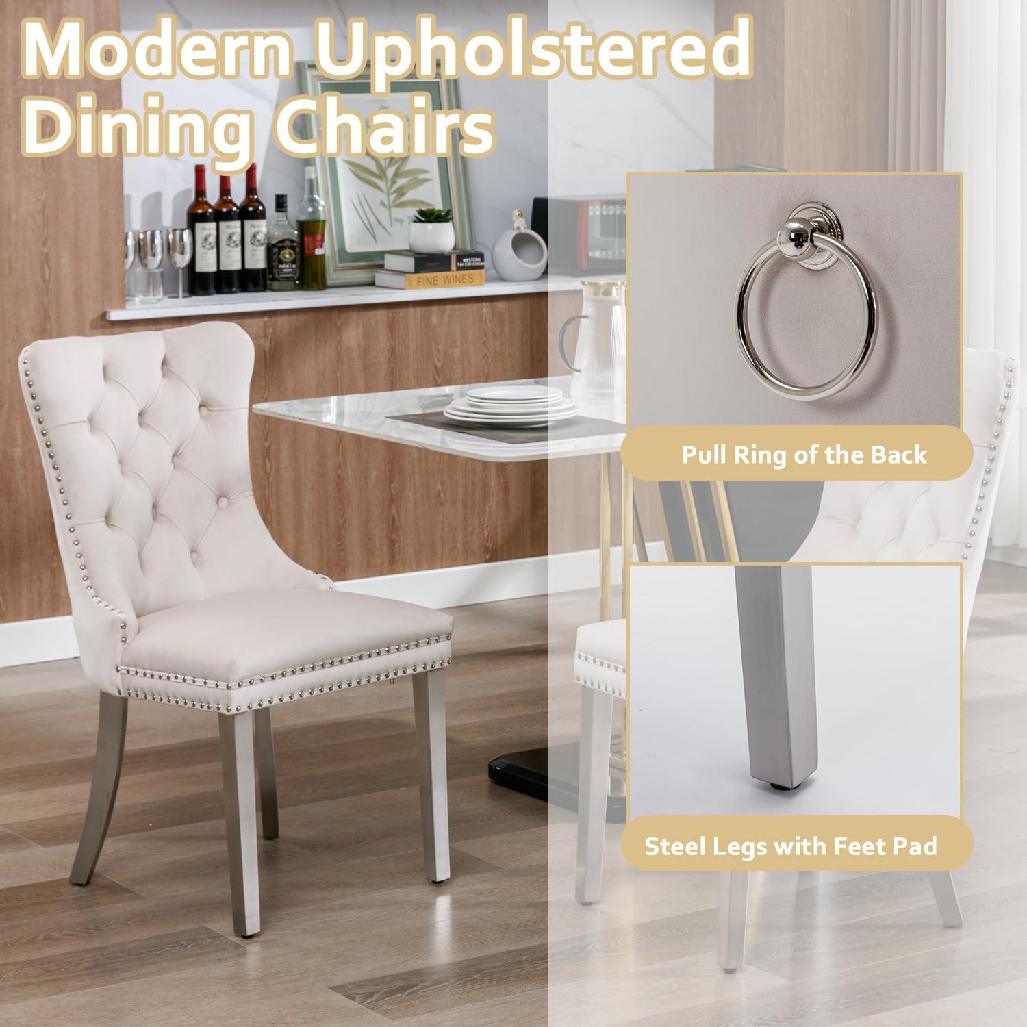2 Piece Contemporary Velvet Upholstered Dining Chair with Chrome Stainless Steel Plating Legs, Nail Head Decro, Armless Tufted Dining Chair Fabric Dining Room Chair (Beige&Silver, Set of 2)