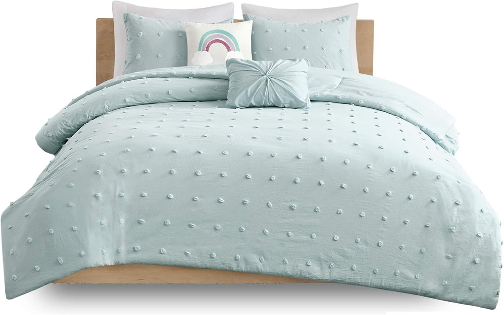 Intelligent Design Kids Callie Cotton Jacquard Weave Colorful Pom Pom Kids Comforter sets, Down Alternative Shabby Chic All Season Girls Bedding, Bedroom Decor, Twin/Twin XL, Aqua 4 Piece