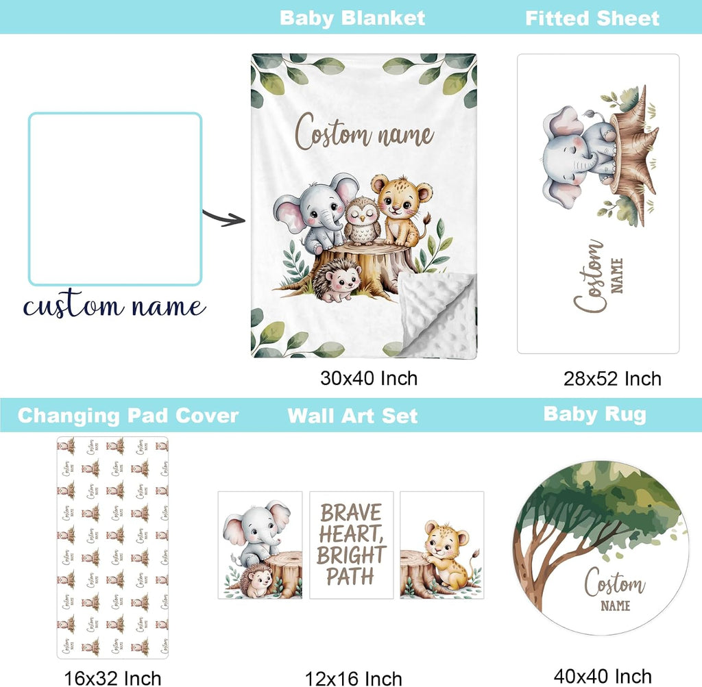 Personalized Baby Crib Bedding Set, Custom Name Nursery Bedding, Safari 5 Pcs Baby Bedding Set for Girl Boy, Fixed Size Double Layer Crib Set, Customized Gifts(Fixed Size)