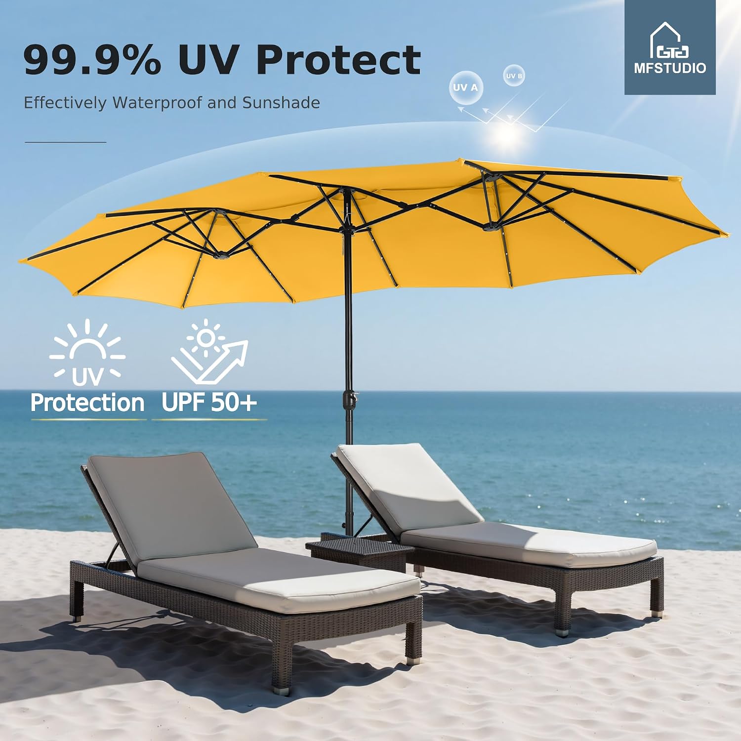 MFSTUDIO 15ft Double Sided Patio Umbrella with Solar Lights, Outdoor Large Umbrellas with Crank Handle and 36 LED Lights, Rectangular Market Umbrella with Base Included for Deck Pool, Gold Yellow