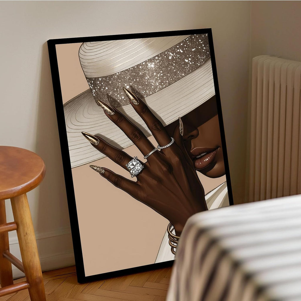 Fashion wall painting Black girl with white hat Canvas painting African poster is a good choice for room decoration Simple art 24x36in Metal blackFramed