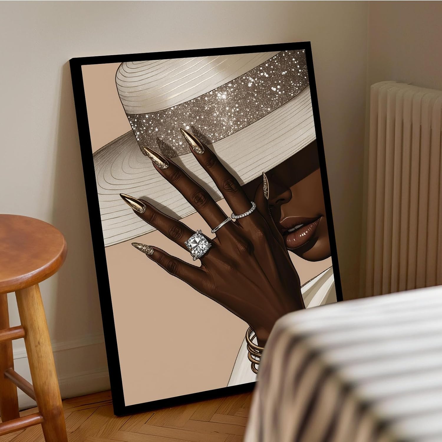 Fashion wall painting Black girl with white hat Canvas painting African poster is a good choice for room decoration Simple art 24x36in Metal blackFramed