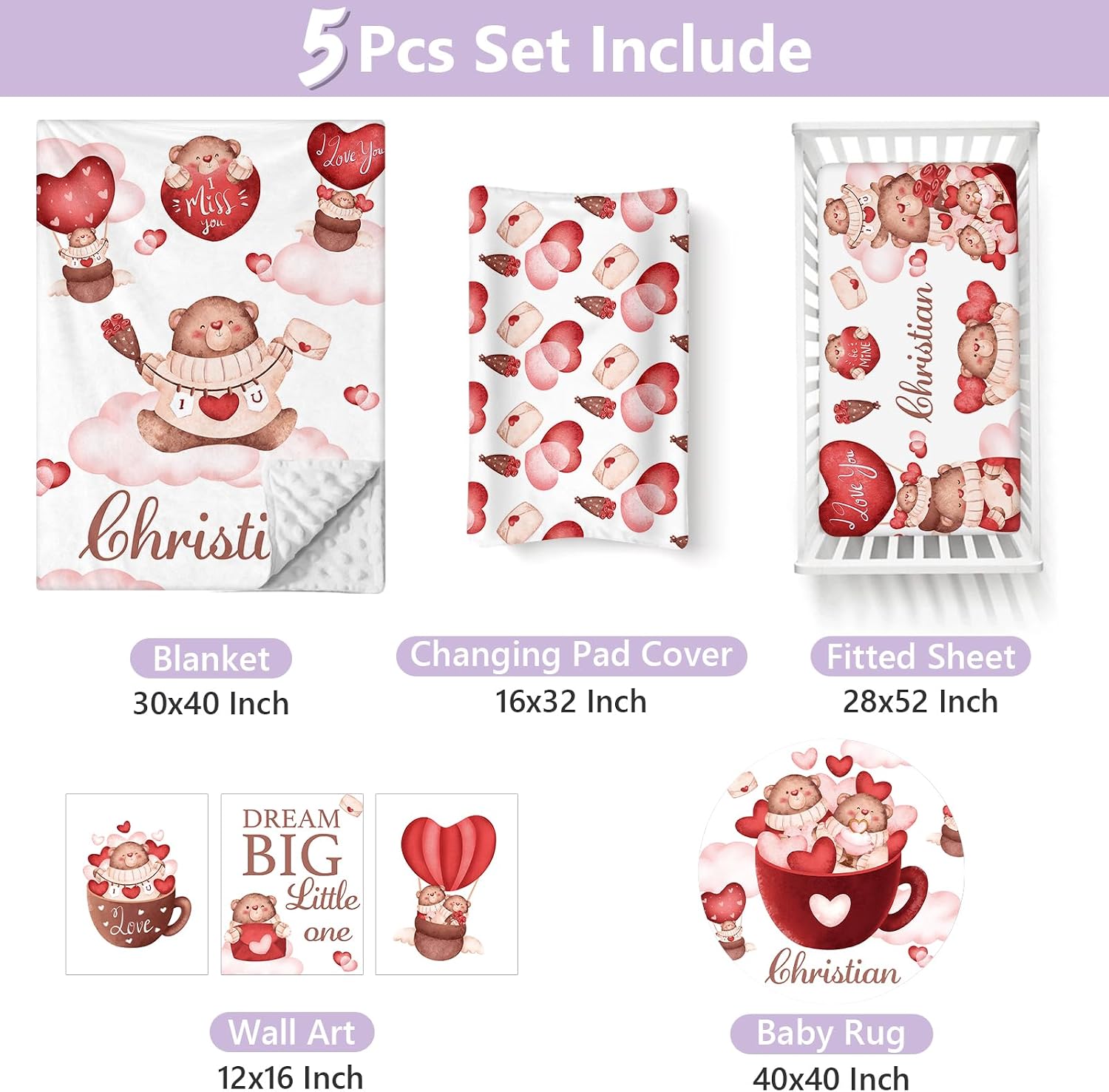 Custom Baby Crib Bedding Set, 5 PCS Personalized Name Baby Crib Sets for Girls Boys, Lovely Bear Theme Nursery Bedding Sets for Infant Toddler, Double Layer Flannel Bed Set Customized Gifts