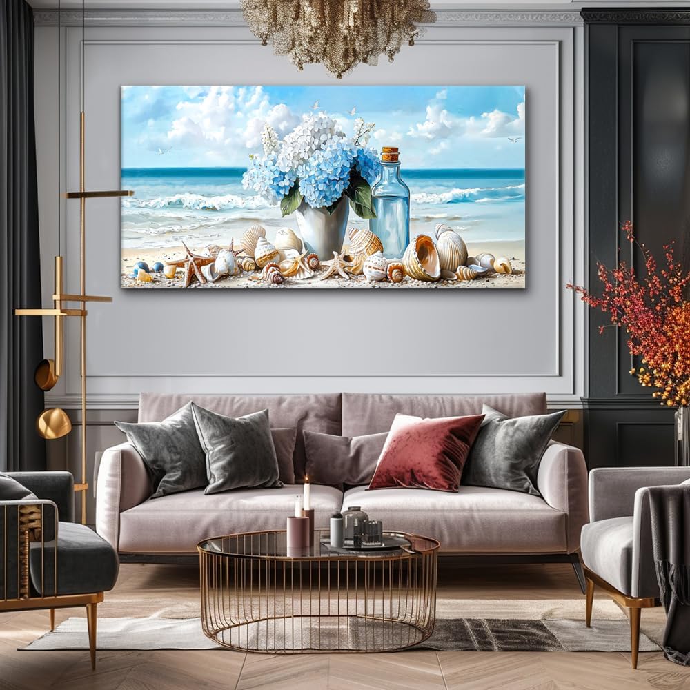 LASMOND Romantic Beach Wall Art for Living Room Blue Shells Conch Vase Canvas Prints Modern Large Flower Bottle Bedroom Ocean Artwork Decor (58x28 Inches)