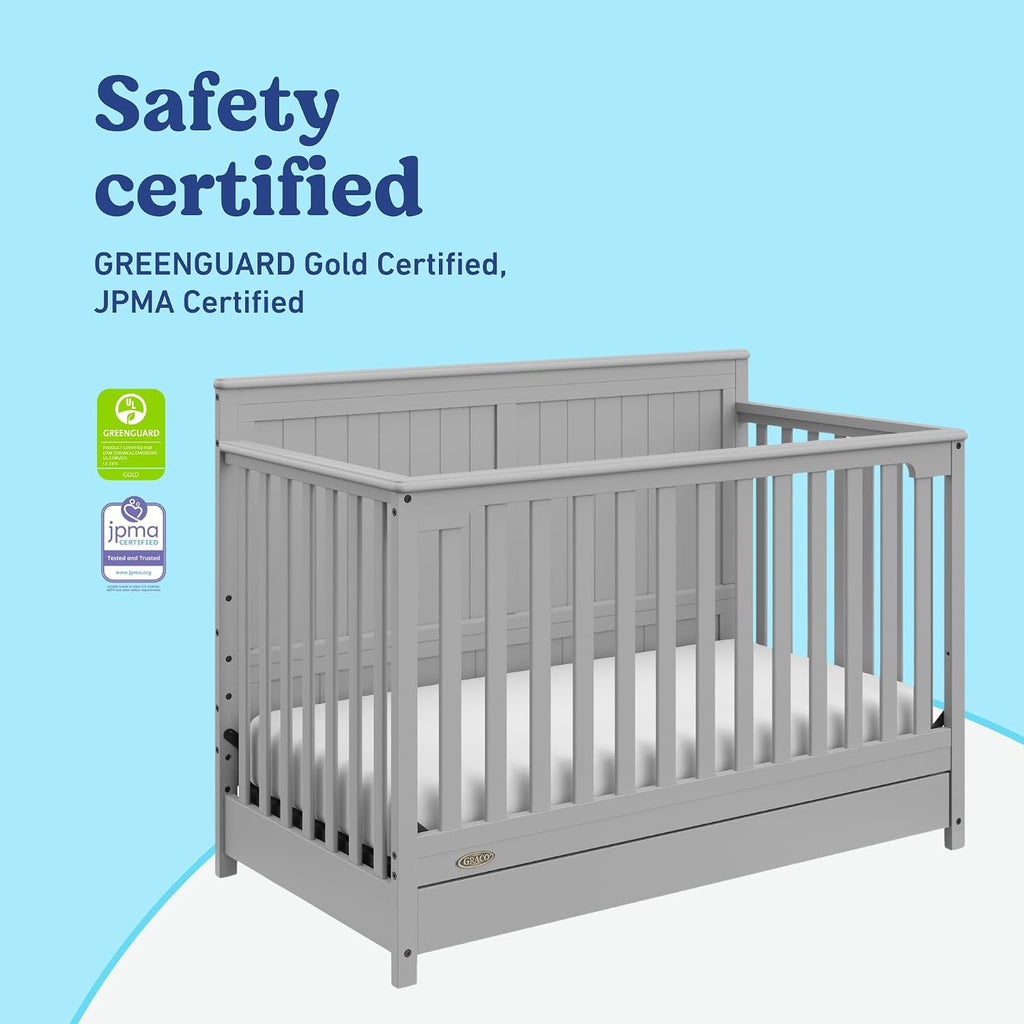 Graco Hadley 5-in-1 Convertible Crib with Drawer – GREENGUARD Gold Certified, Fits Standard Crib Mattress, Converts to Toddler Bed, Daybed and Full Bed, 4 Adjustable Mattress Heights (Pebble Gray)