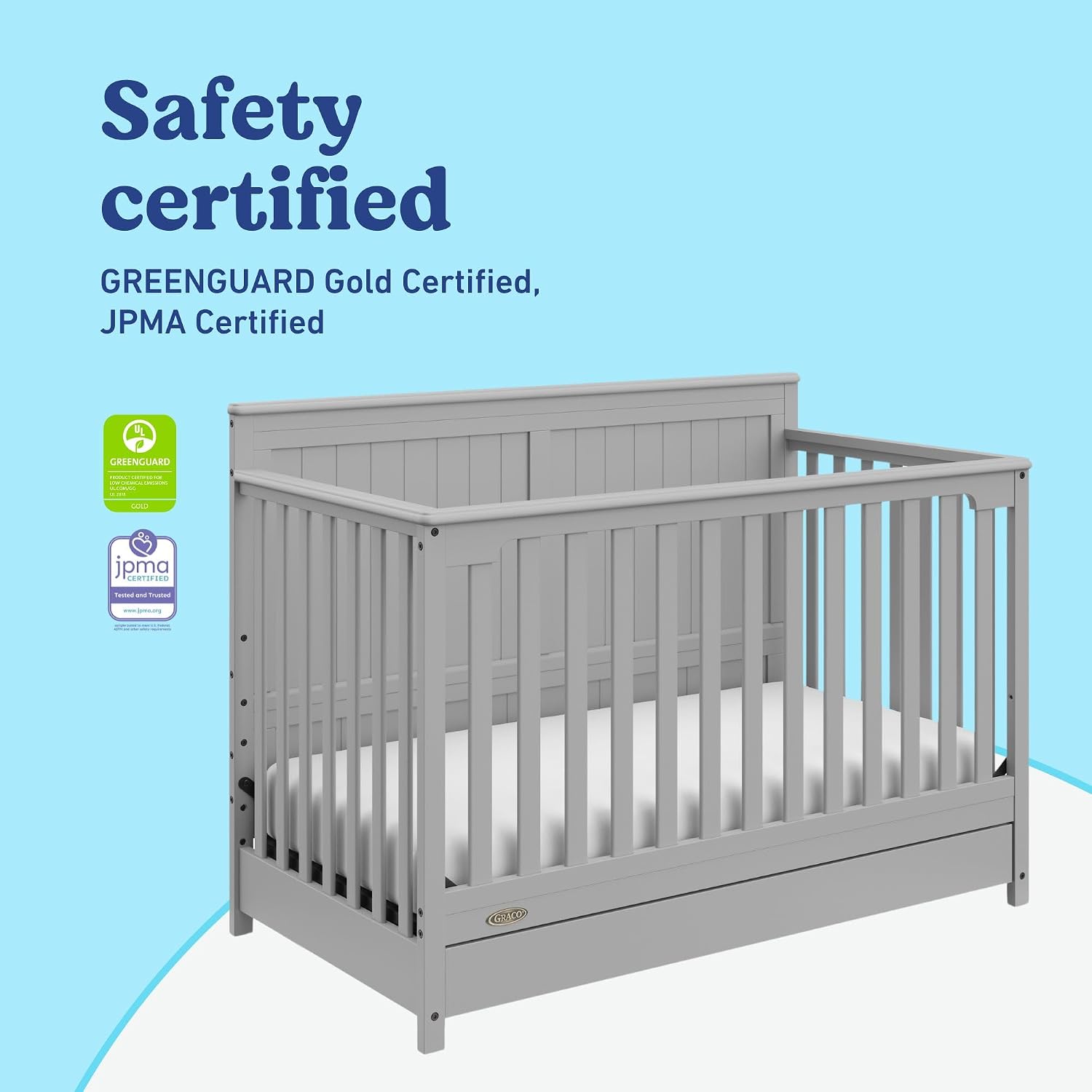 Graco Hadley 5-in-1 Convertible Crib with Drawer – GREENGUARD Gold Certified, Fits Standard Crib Mattress, Converts to Toddler Bed, Daybed and Full Bed, 4 Adjustable Mattress Heights (Pebble Gray)