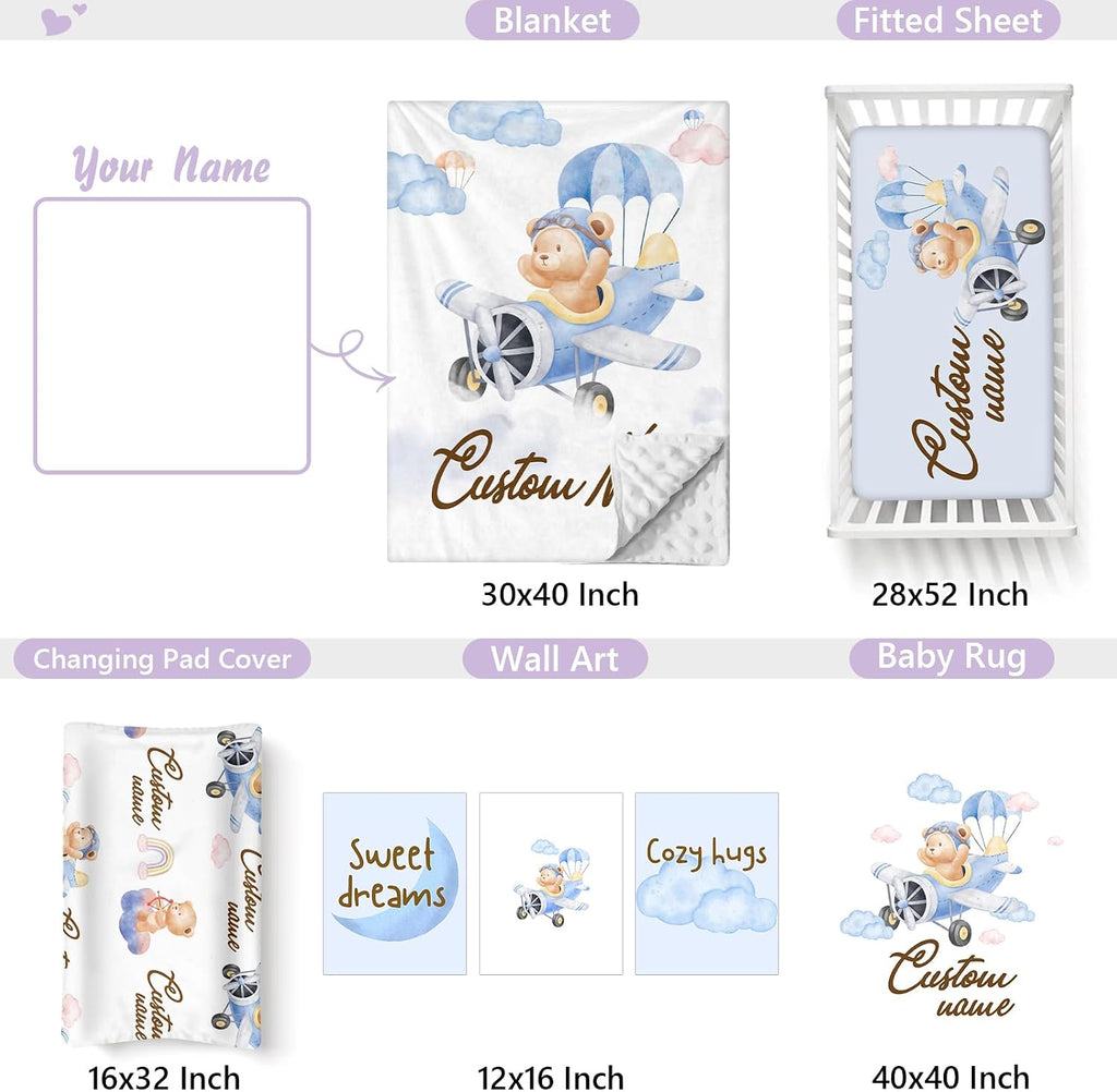Custom Baby Crib Bedding Set, 5 PCS Personalized Name Baby Crib Sets for Girls Boys, Pilot Bear Theme Nursery Bedding Sets for Infant Toddler, Double Layer Flannel Bed Set Customized Gifts