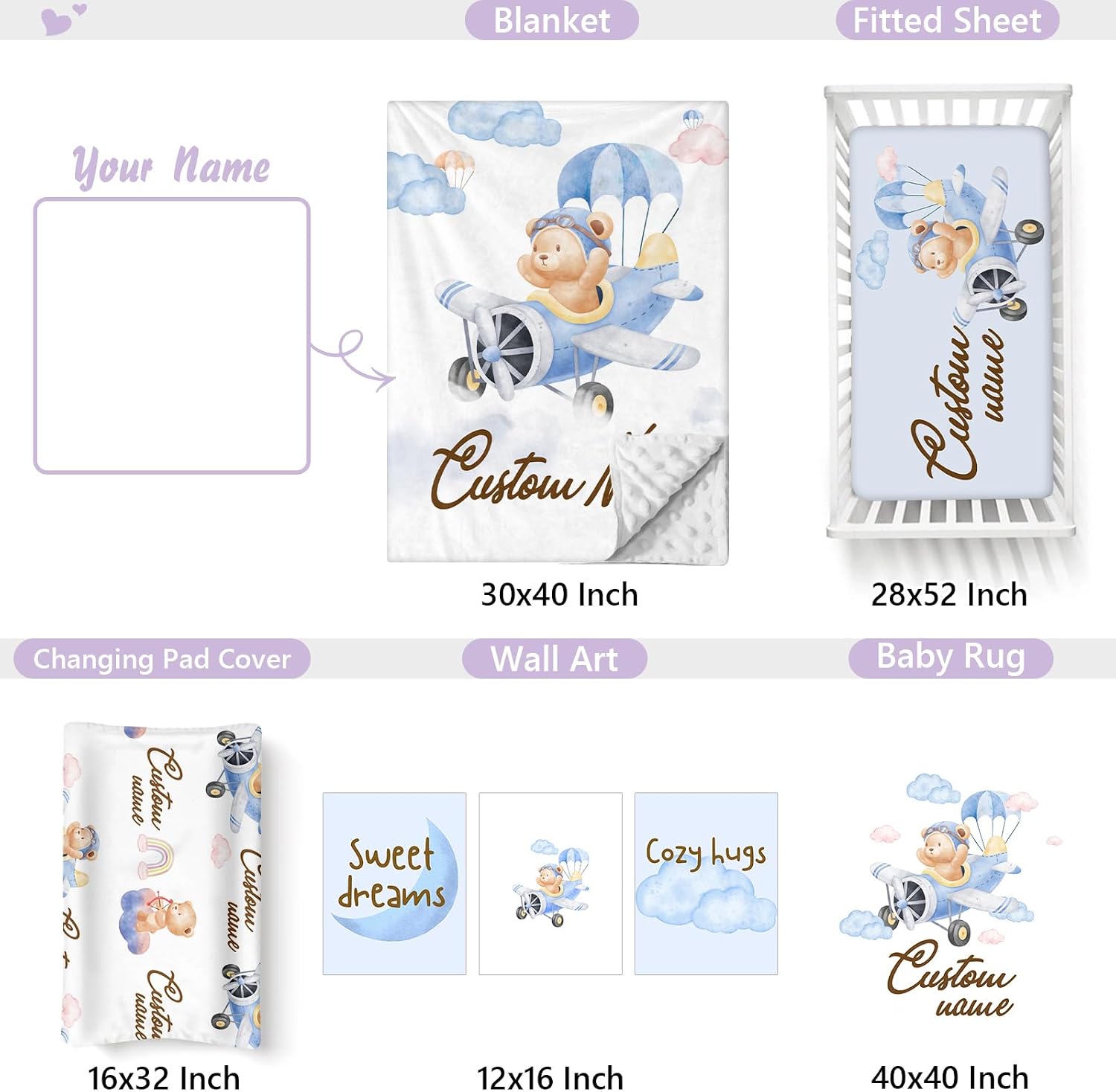 Custom Baby Crib Bedding Set, 5 PCS Personalized Name Baby Crib Sets for Girls Boys, Pilot Bear Theme Nursery Bedding Sets for Infant Toddler, Double Layer Flannel Bed Set Customized Gifts