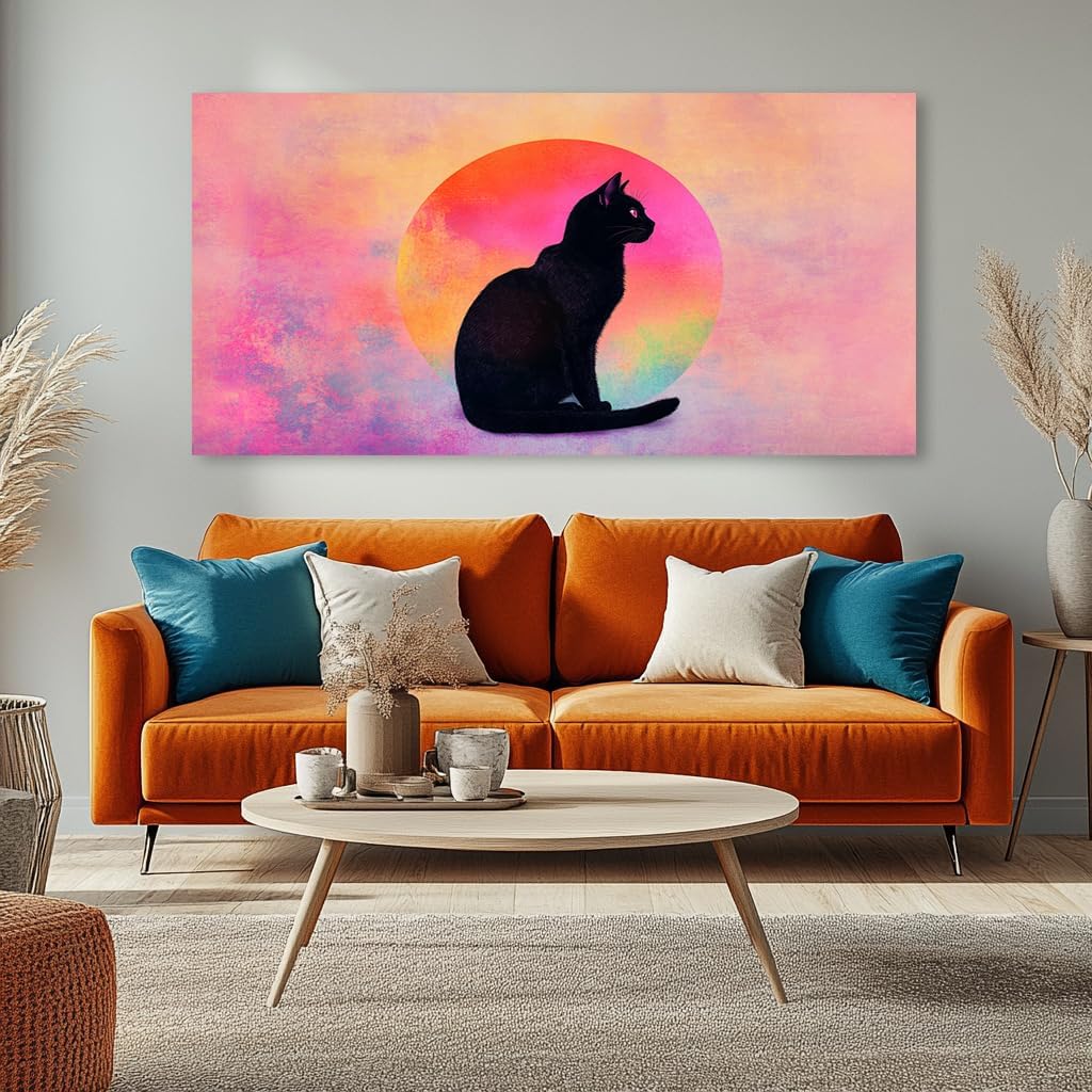 Black Cat Canvas Wall Art - Pink & Purple Sunset Landscape Painting with Silhouette Cat, Cute Retro Cartoon Cat Poster Painting Abstract Animal Wall Décor for Living Room Kid's Girls Bedroom Nursery Ready to Hang 30L x 16W (30x60 Inches)