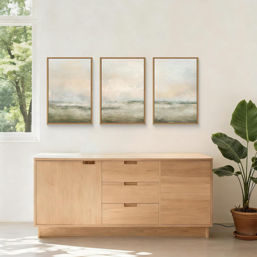 Abstract Beige Green Landscape Framed Canvas Wall Art Set, Watercolor Natural Tan Wall Decor, Minimalist Neutral Modern Scenery Artwork for Living Room, Bedroom,Farmhouse- 24'x36'x3