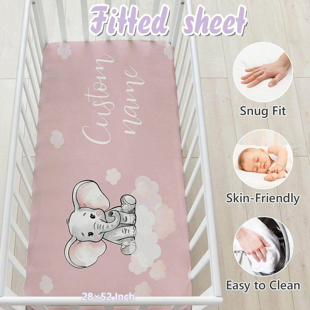 Personalized Baby Crib Bedding Set, 5 Pcs Custom Name Nursery Bedding Set for Girls Boys, Cute Elephant Baby Crib Set for Toddlers Infants, Double Layer Bedding Crib Sets Customized Gifts
