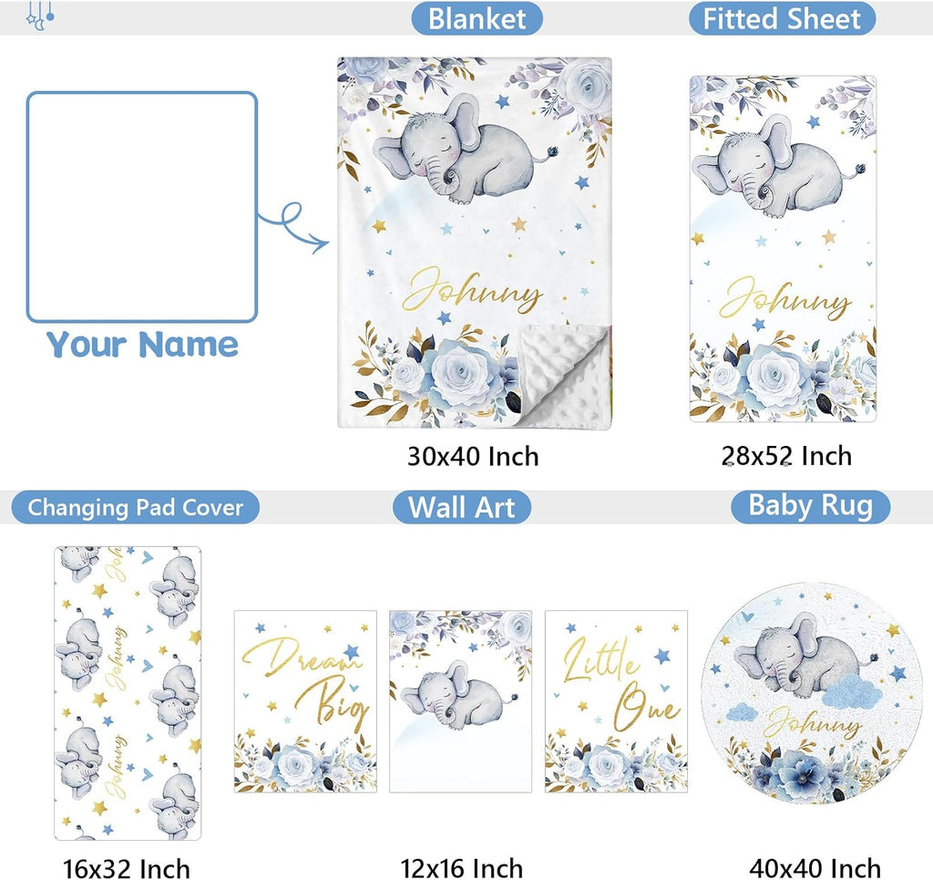 KAINSY Custom Crib Bedding Set 5 Piece for Girls Boys – Personalized Elephant Theme, Newborn Sleep Set, Nursery Decor, Toddler Room Essentials, Infant Sleep, Baby Room Accessories, Baby Gift