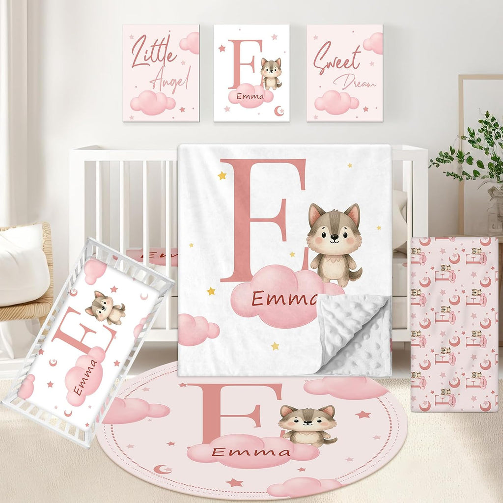 KAINSY Custom Crib Bedding Set, 5 Pcs Personalized Name Monogram Baby Crib Sets for Infants Toddlers, Pink Wolf Nursery Bedding Set for Boys Girls, Double Layer Baby Bedding Sets Customized Gifts
