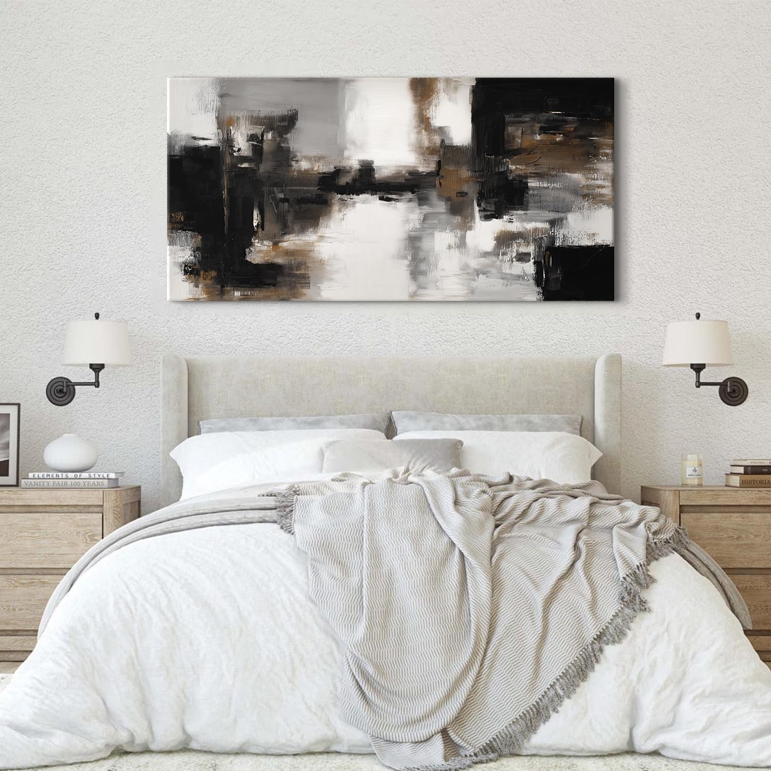 Extra Large Black and White Gray Abstract Canvas Wall Art Mid Century Modern Living Room Decor Abstract Black Grey Stroke Ink Painting Prints Poster Graffiti Artwork Home Office Decorations 75x147cm