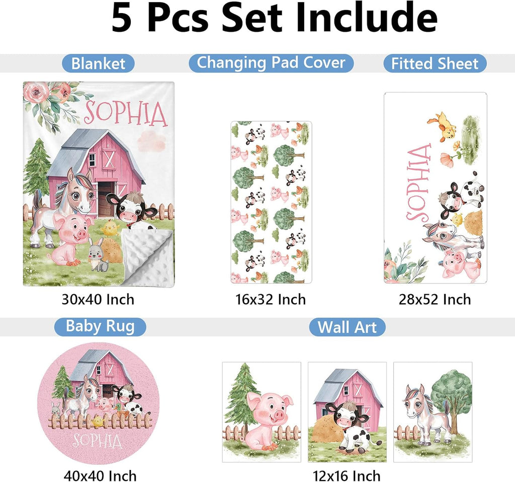 KAINSY Personalized Baby Bedding Set, 5 Pcs Custom Crib Set With Name, Double Layer Nursery Bedding, Soft Farm Animal Set for Boy Girls, Customized Gift for Toddler Infant