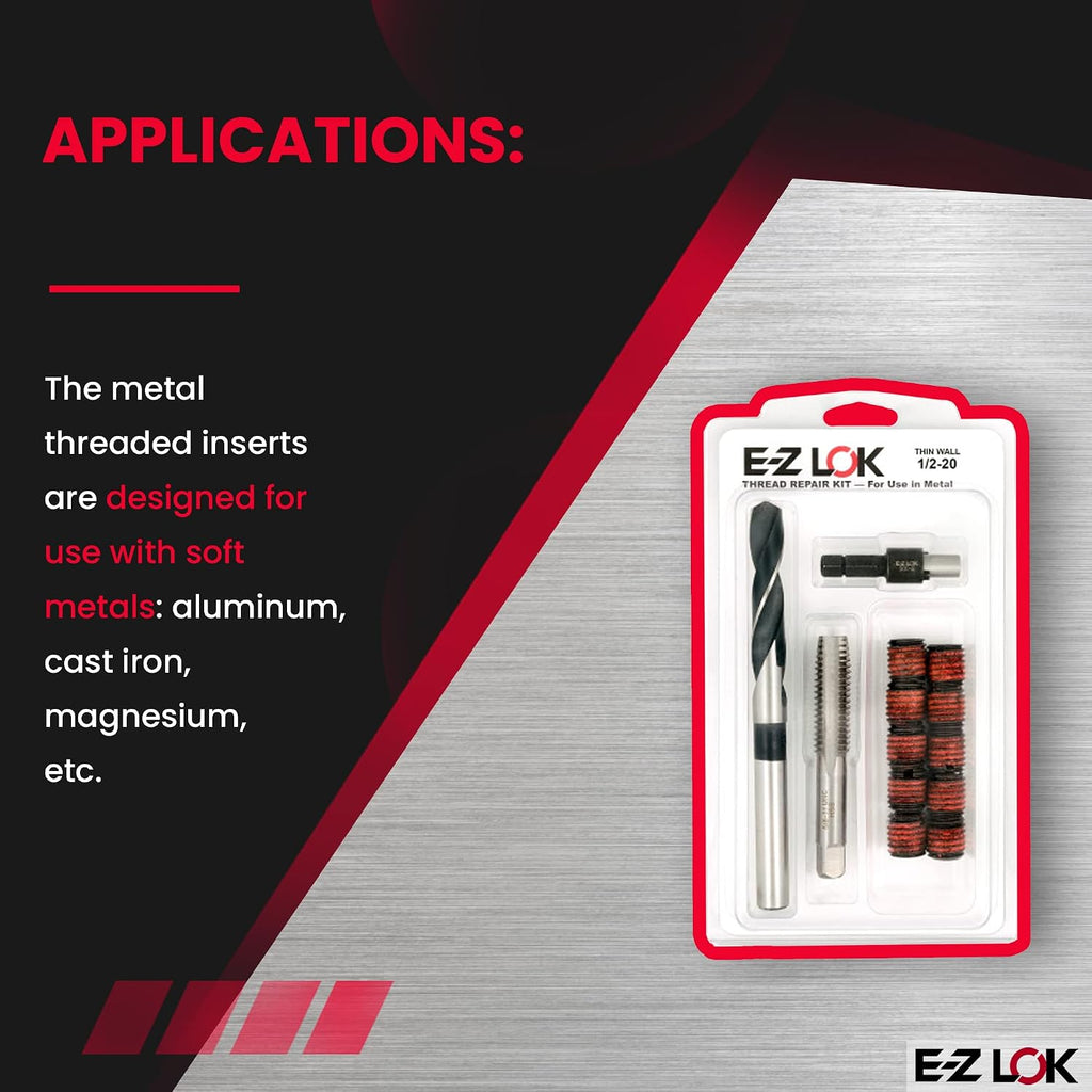 E-Z LOK EZ-310-820 Thread Repair Kit for Metal Carbon Steel Threaded Inserts 1/2-20 and Installation Tools