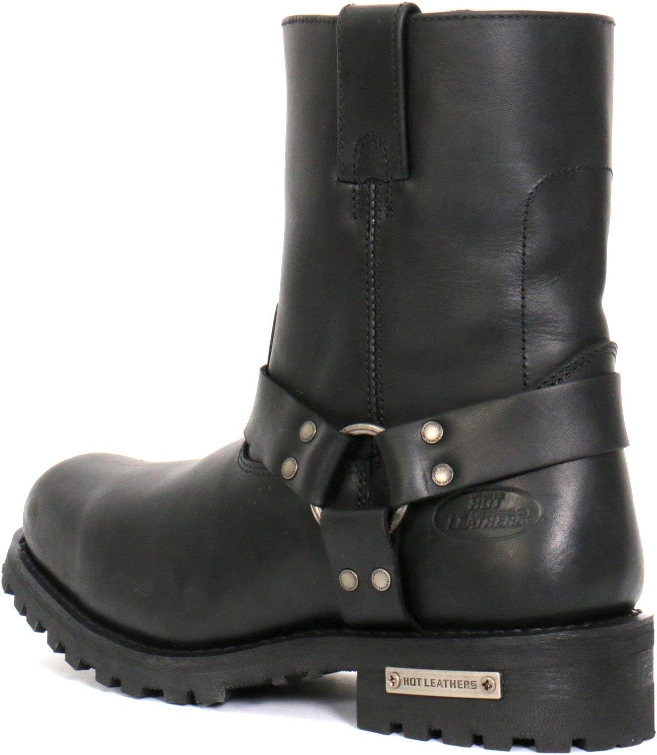 Hot Leathers BTM1004 Men's Black 8-inch Short Harness Leather Boots with Lug Sole - 7.5