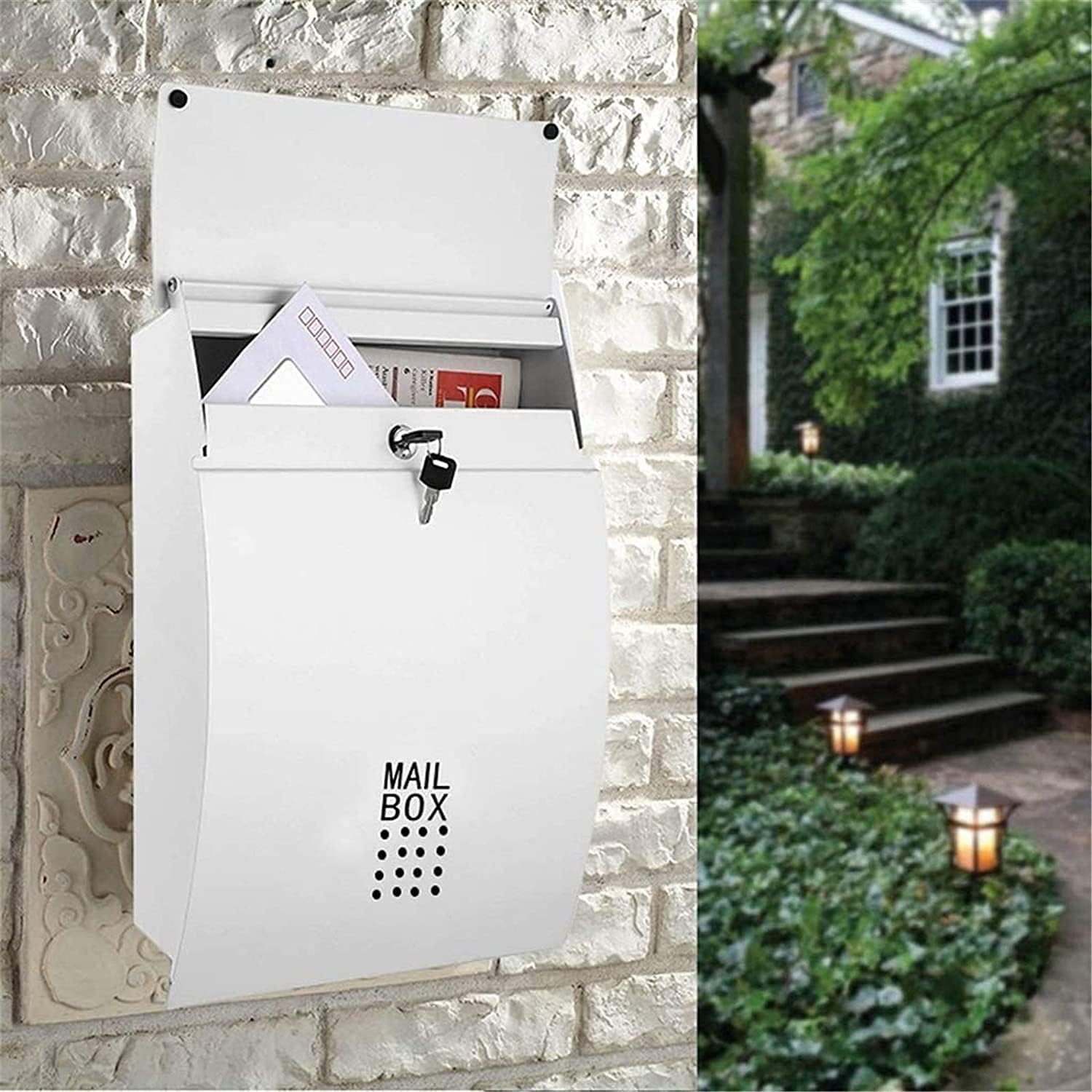 Wall-Mount Mailboxes Modern Villa Metal Mail Box ，Outdoor Rainproof Wall-Mounted Mailbox Household Large Magazine Postbox with Lock and Keys (Color : White, Size : 32 * 10.5 * 45.5cm)