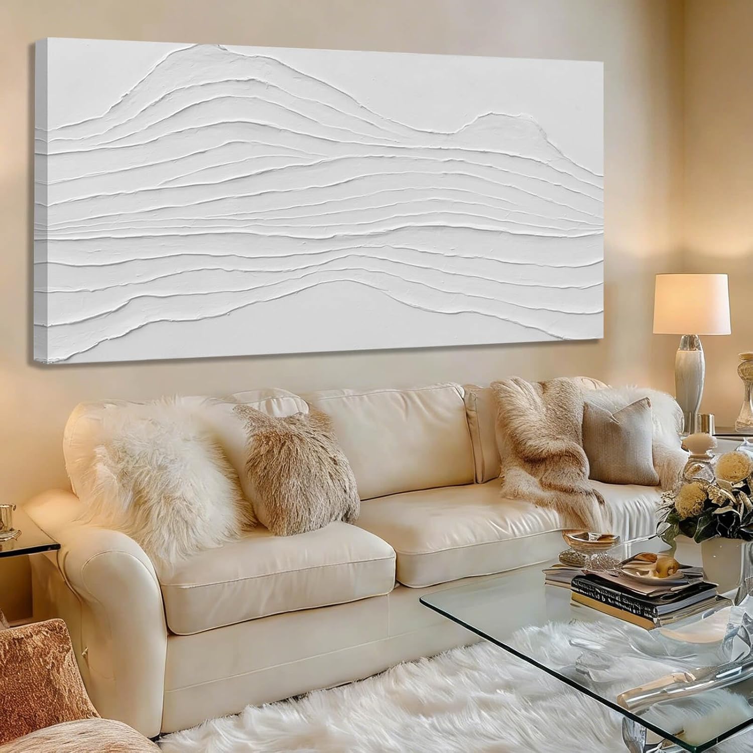 GAIDUOMAI Large Abstract Wall Decor White Line Wall Art Textured Minimalist Poster Contemporary Wall Painting for Living Room Office Bedroom 29'x 58' Hallway Decor