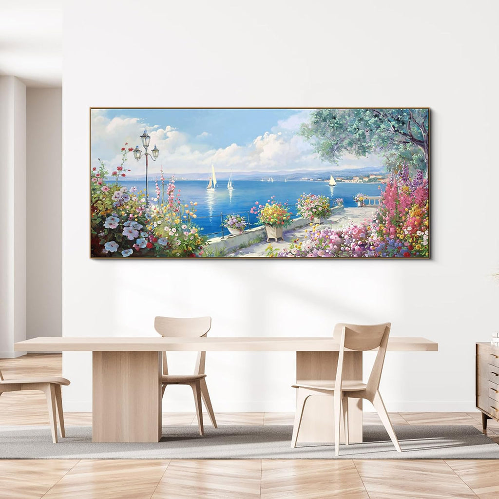 XLSJERST Coastal Wall Art for Living Room - Extra Large 86x39 Inches Ocean Seascape Canvas Beach Painting Landscape Sailboat Picture Modern Artwork Framed for Bedroom Office Home Decor