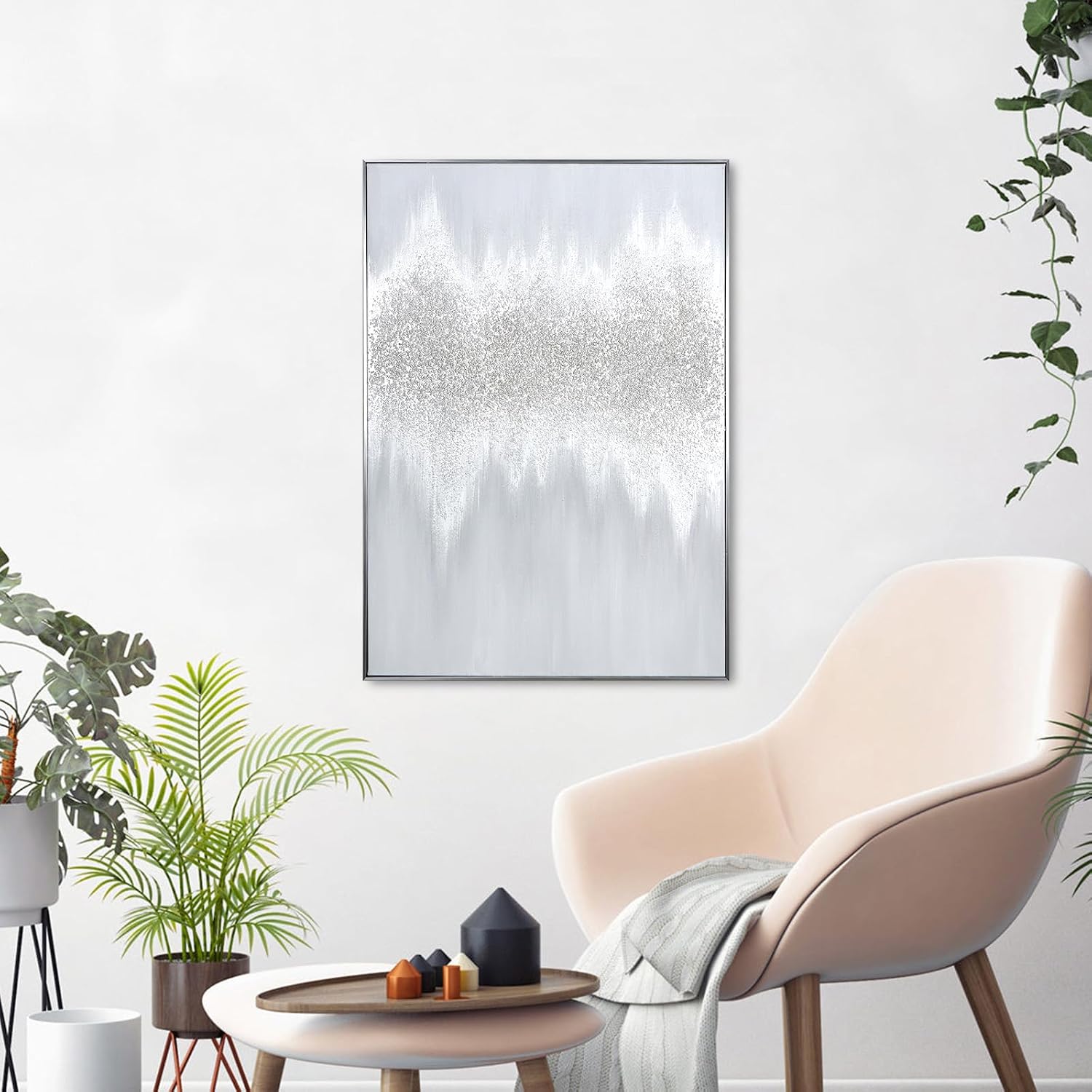Silver Abstract Wall Art Decor - Grey Hand-Painting Embellished with Sand Grain and Glitter in Metallic Hues, Brilliant Modern Abstract Canvas for Living room, Bedroom Decor, 28' x 40', Framed