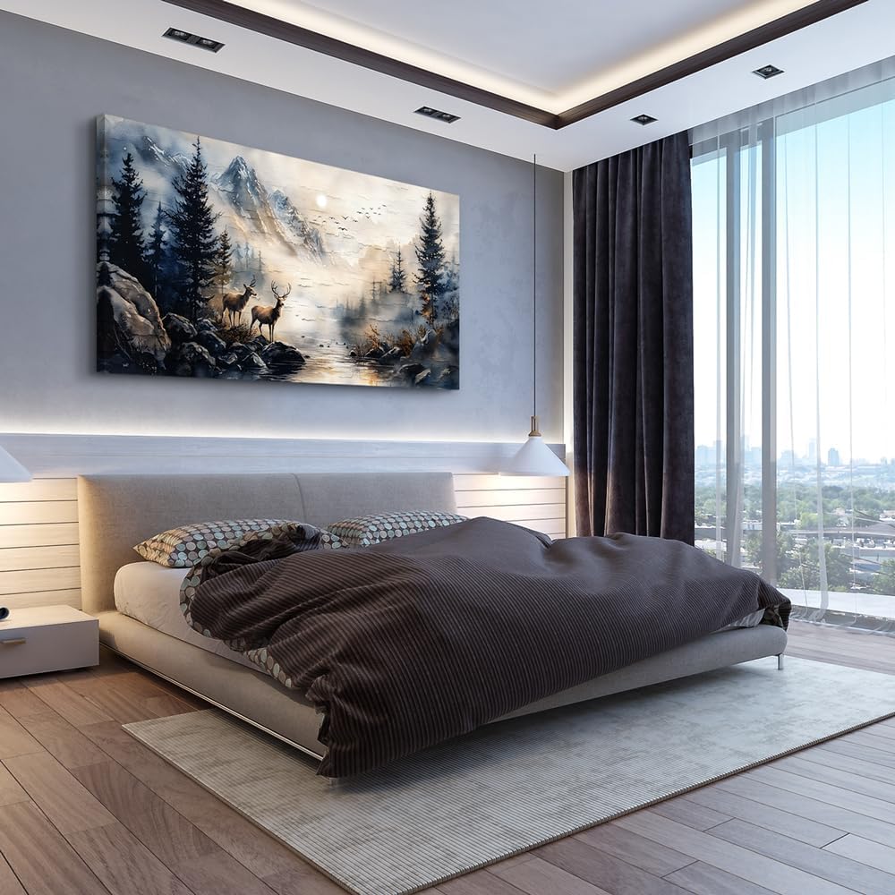 ERQINHUA Canvas Wall Art For Bedroom Large Wall Decor For Living Room Modern Office Decor Abstract Ink Painting Elk Forest landscape Wall Pictures Ready To Hang Home Decorations Posters 30'X60'