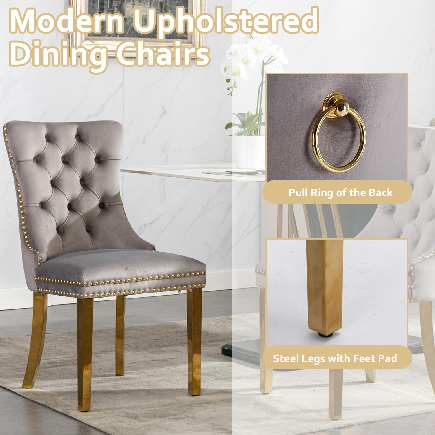 2 Piece Contemporary Velvet Upholstered Dining Chair with Chrome Stainless Steel Plating Legs, Nail Head Decro, Armless Tufted Dining Chair Fabric Dining Room Chair (Gray&Gold, Set of 2)