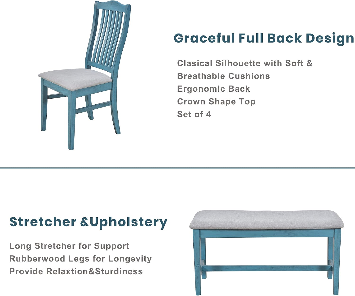 Compact 6-Piece Dining Table Set, Solid Wood Kitchen Dining Room Table Set with 4 Padded Ergonomic Chairs & Bench, 60'' Rectangular Table with Storage Drawer, Space-saving Design (Antique Blue-P)