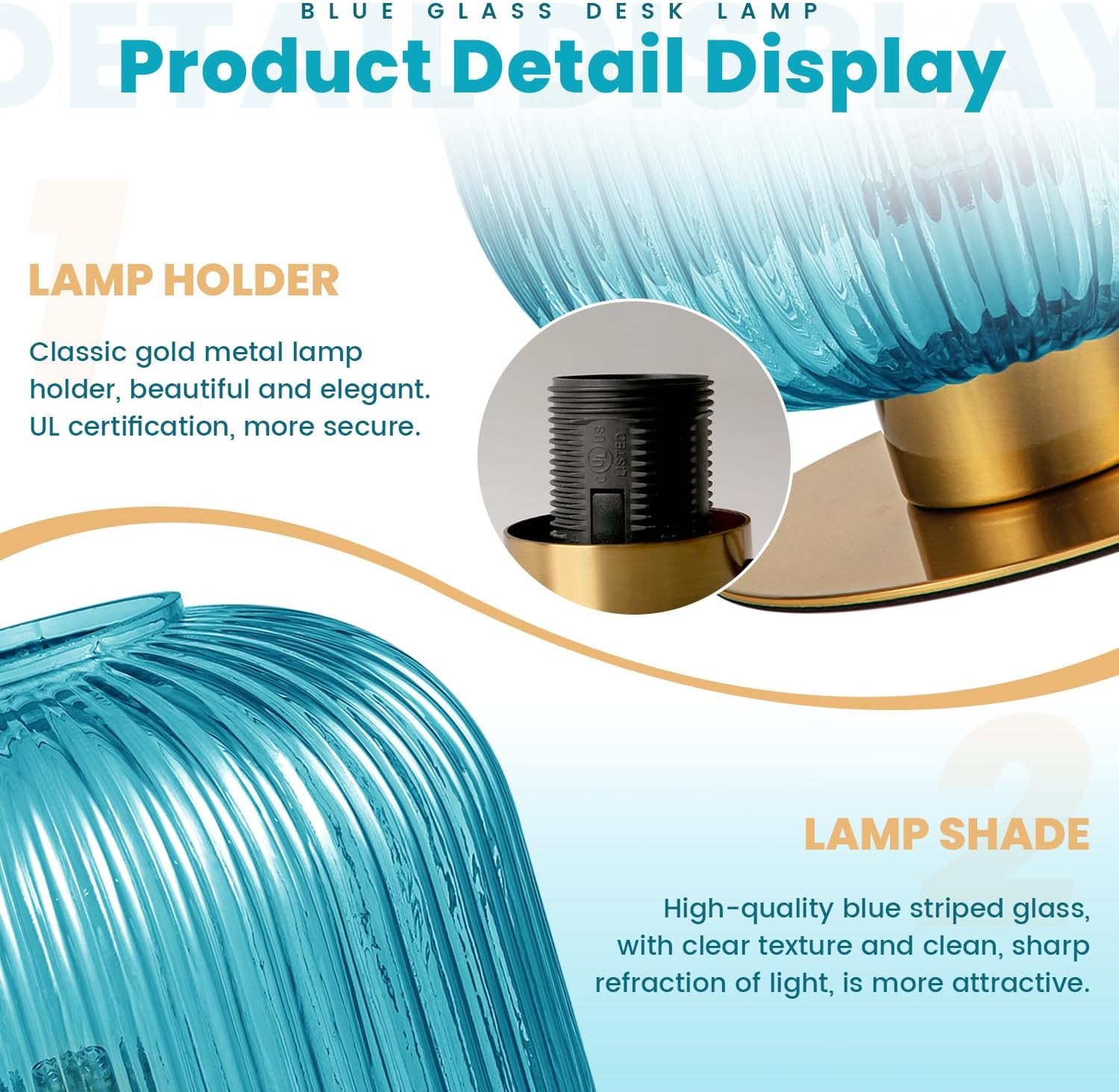 Blue Table Lamps for Bedroom Set of 2, Small Glass Table Lamp Plug in with On/Off Switch, Mid Century Modern Globe Bedside Lamp Coastal Lamps for Bedrooms Living Room Study Room