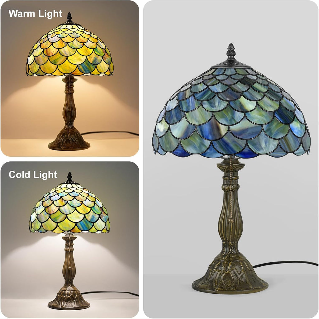 MOAN Lamp Stained Glass Table Lamp 12X12X19 Inch Bedside Reading Light Antique Bronze Base(Green Fish Scale Style)