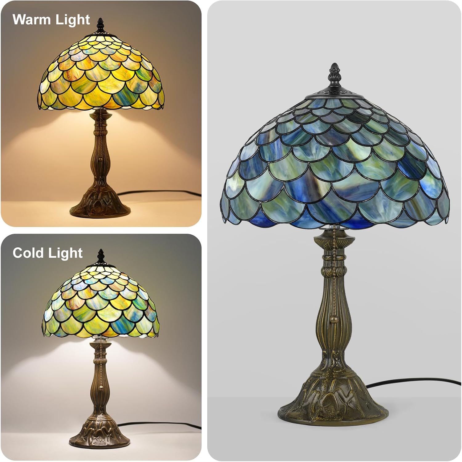 MOAN Lamp Stained Glass Table Lamp 12X12X19 Inch Bedside Reading Light Antique Bronze Base(Green Fish Scale Style)