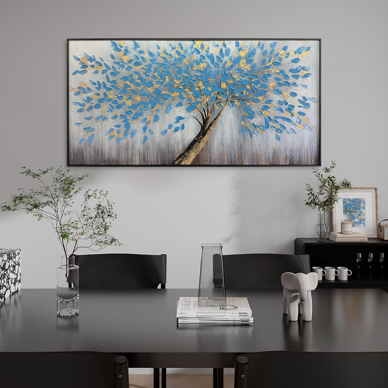 Blue Tree of Life Canvas Wall Art, Modern Abstract Textured Painting, Large Wall Art Framed Panoramic Landscape Artwork for Living Room, Bedroom, Office, Home Decor 48'x24'